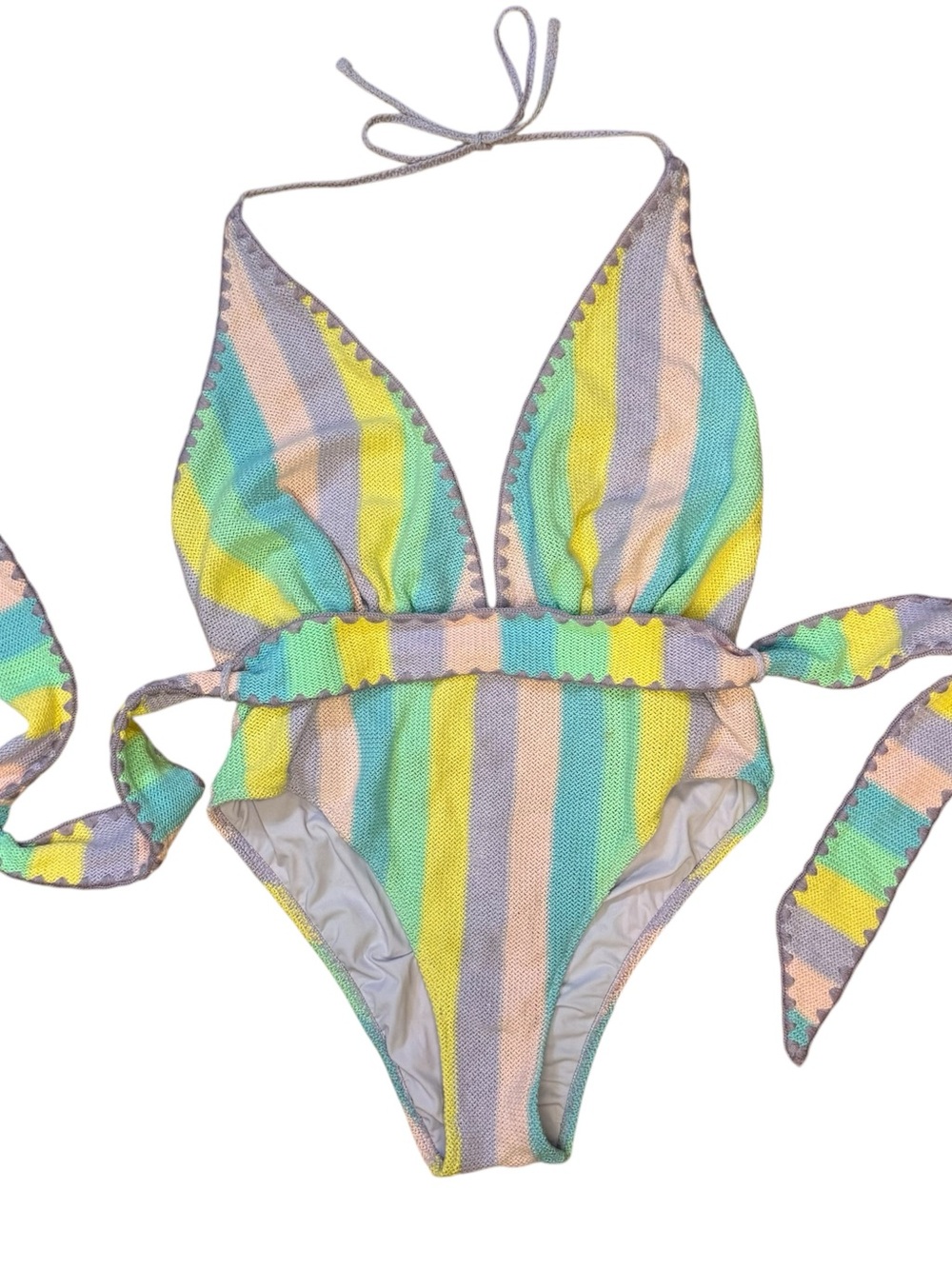 Crochet One-Piece MC2 Saint Barth Swimsuit — Pastel Yellow, Mint & Lavender